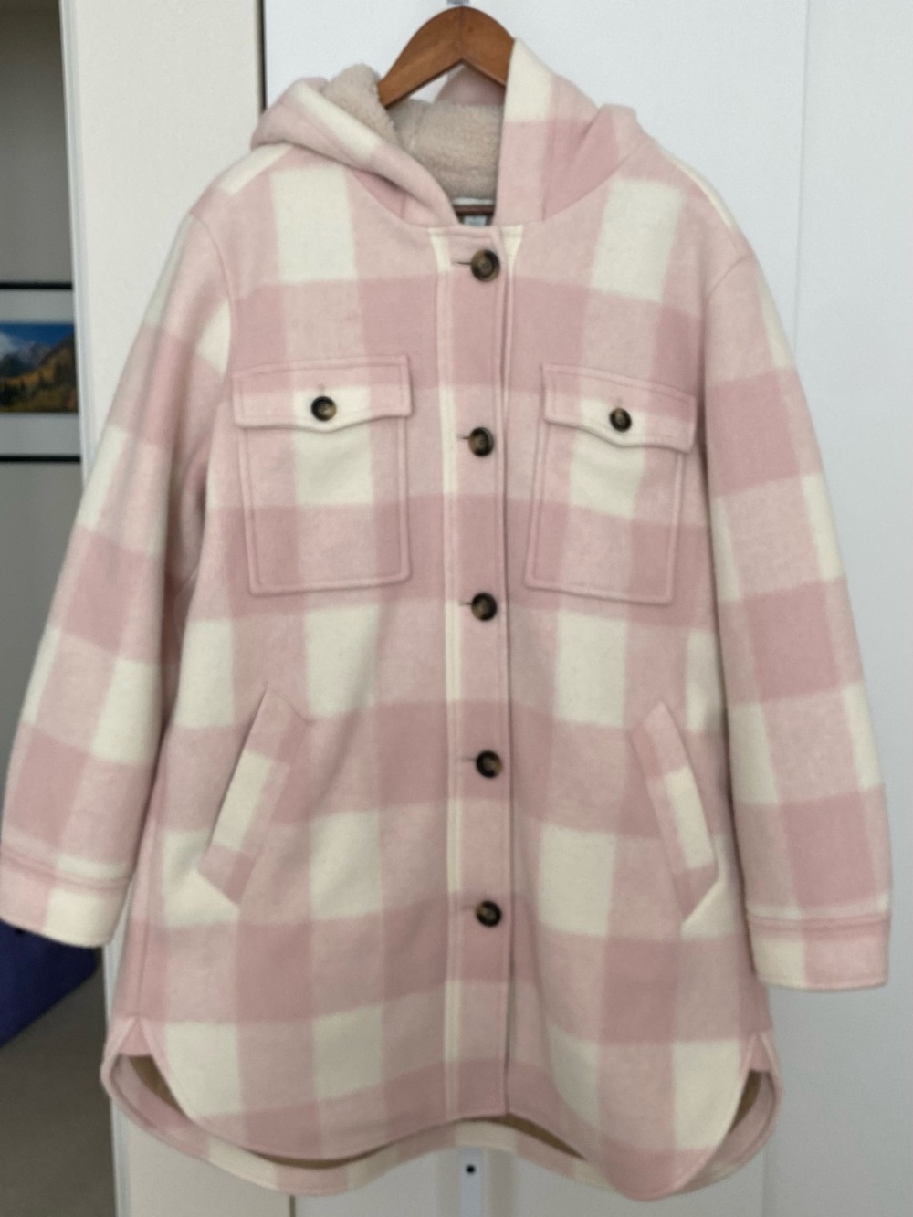 Sundance Pink and Cream Plaid Hooded Winter Coat